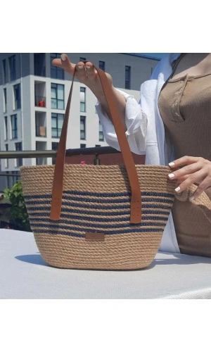 Hasır çanta tress ip detaylı kol omuz çantası