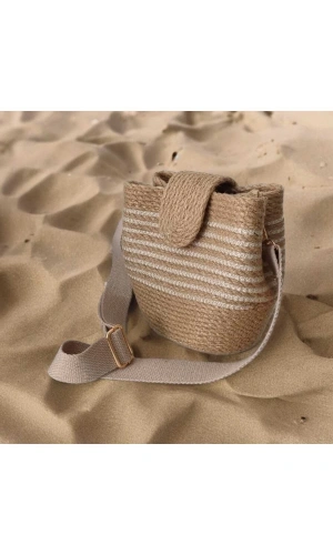 Hasır Kadın Çantası Omuz Çantası Kapaklı Jüte Çanta Midi Boy Özel Tasarım Çanta