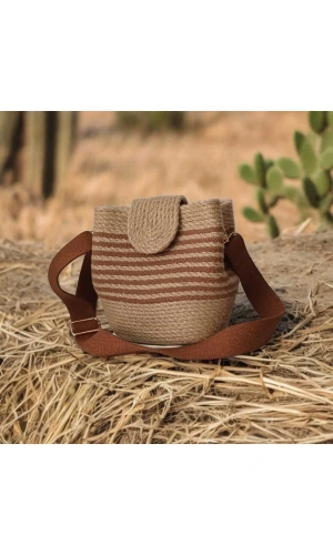 Hasır Kadın Çantası Omuz Çantası Kapaklı Jüte Çanta Midi Boy Özel Tasarım Çanta