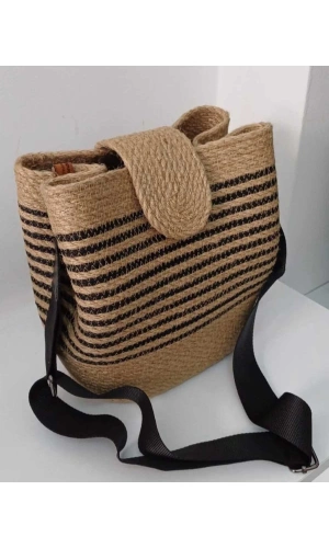 Hasır Şeritli Omuz Çantası Kadın Çantası Jüte Çanta Özel Tasarım Şık Elite Maxi Boy Çanta