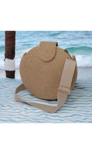 hasır yuvarlak kadın omuz çantası jute hasır doğal tasarım