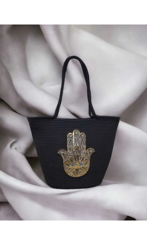 Kol Çantası Plaj Çantası Özel Tasarım Hz Fatmanın Eli Motifli Siyah Jüte Çanta