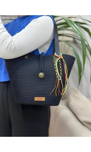 Siyah Kol Çantası Deri Saplı Jüt Hasır Siyah Pamuk Jüte Çanta