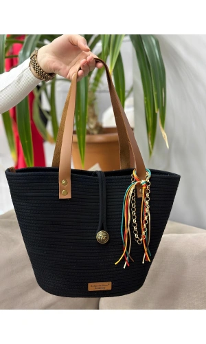 Siyah Kol Çantası Deri Saplı Jüt Hasır Siyah Pamuk Jüte Çanta