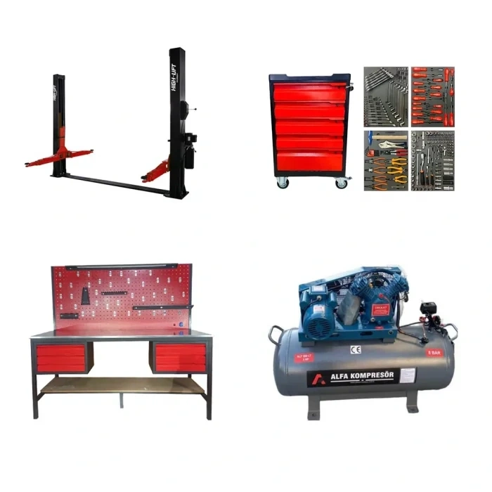 4 Ton Yarı Otomatik Lift 200 Litre Kompresör 2 Mt Takım Tezgahı ve 56 Parça Garaj Ekipmanı
