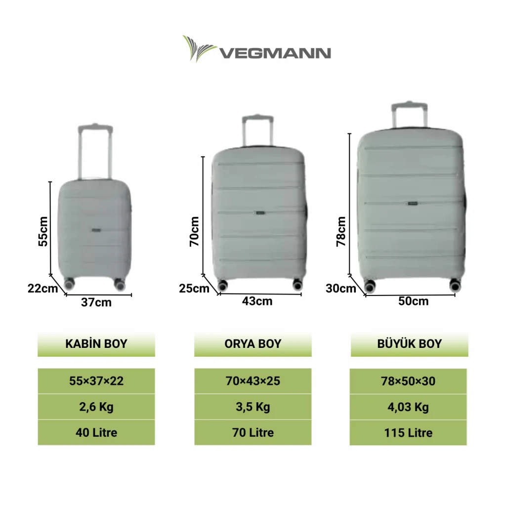 Vegmann Polipropilen (PP) Atlas Gri 3lü Valiz Seti