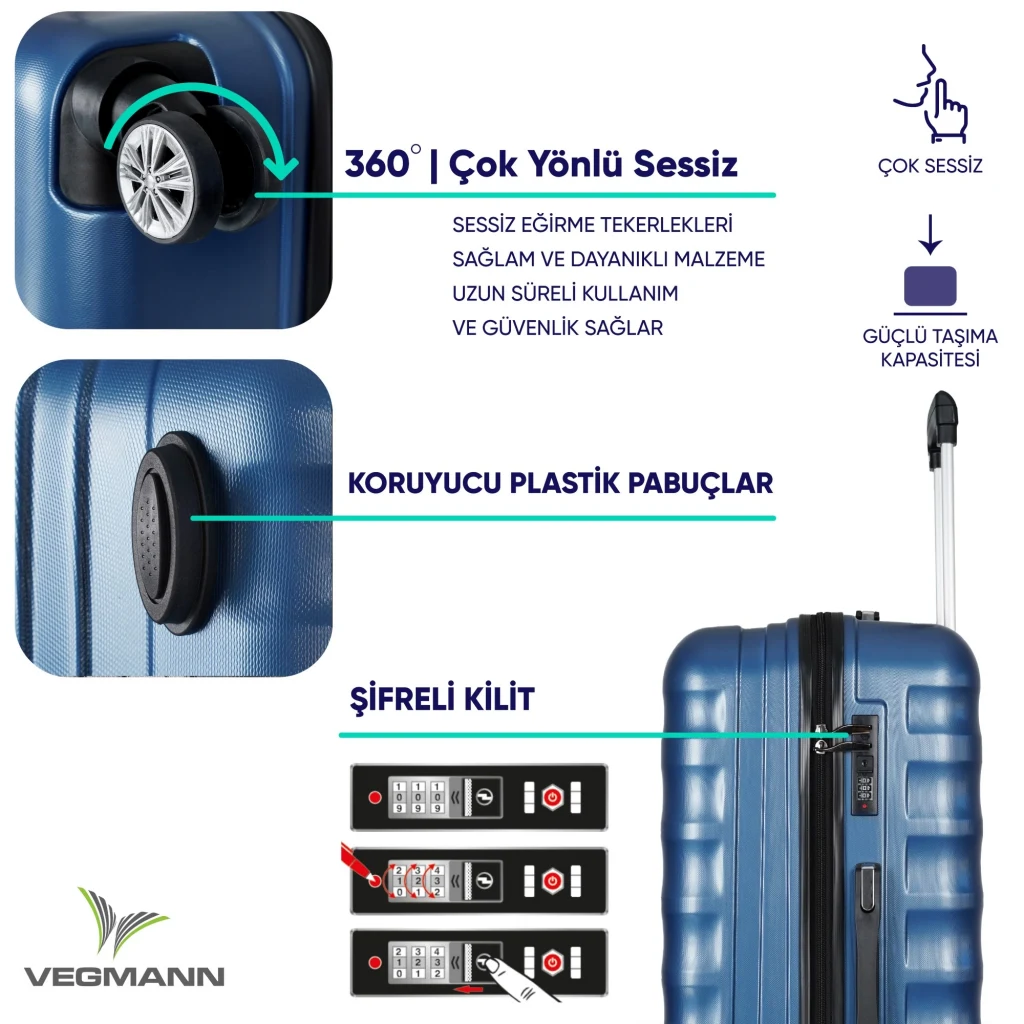 Vegmann Tartılı Scadel Mavi 3 lü Valiz Seti