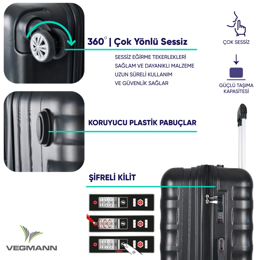 Vegmann Tartılı Scadel Siyah 3 lü Valiz Seti