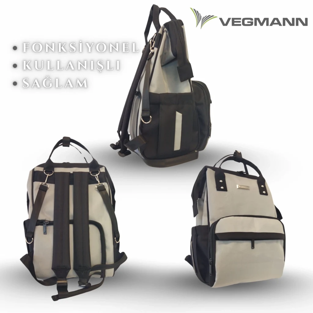 Vegmann Tender Anne Bebek Bakım Sırt Çantası Biberon Termos Gözlü Siyah-Gri