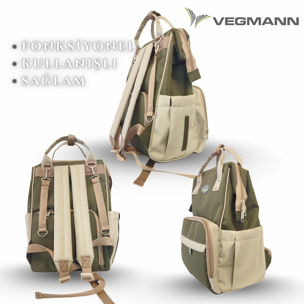 Vegmann Tender Impertex Kumaş Anne Bebek Bakım Sırt Çantası Biberon Termos Gözlü Haki-Bej