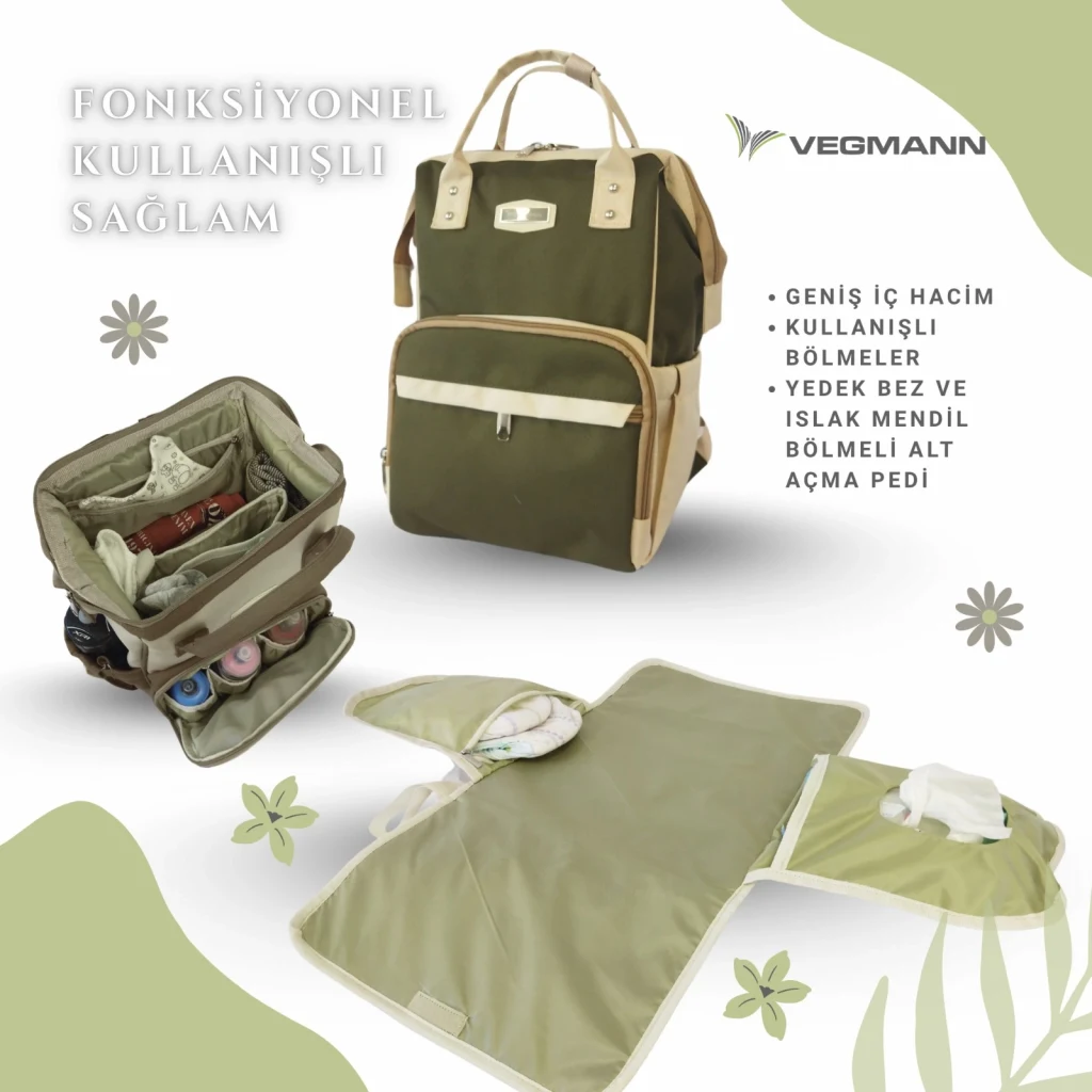 Vegmann Tender Impertex Kumaş Anne Bebek Bakım Sırt Çantası Biberon Termos Gözlü Haki-Bej