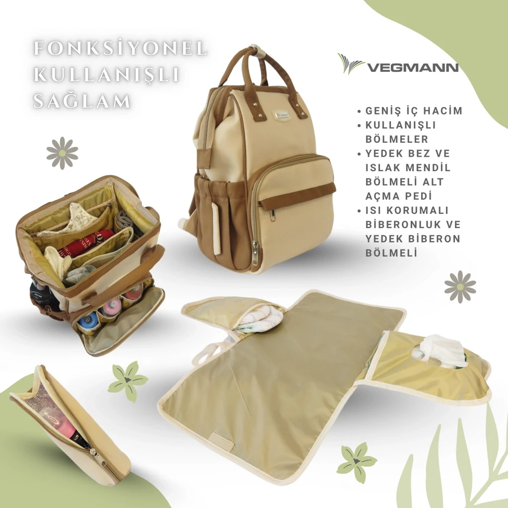Vegmann Tender Kanvas Kumaş Anne Bebek Bakım Sırt Çantası Biberon Termos Gözlü Kahverengi-Bej