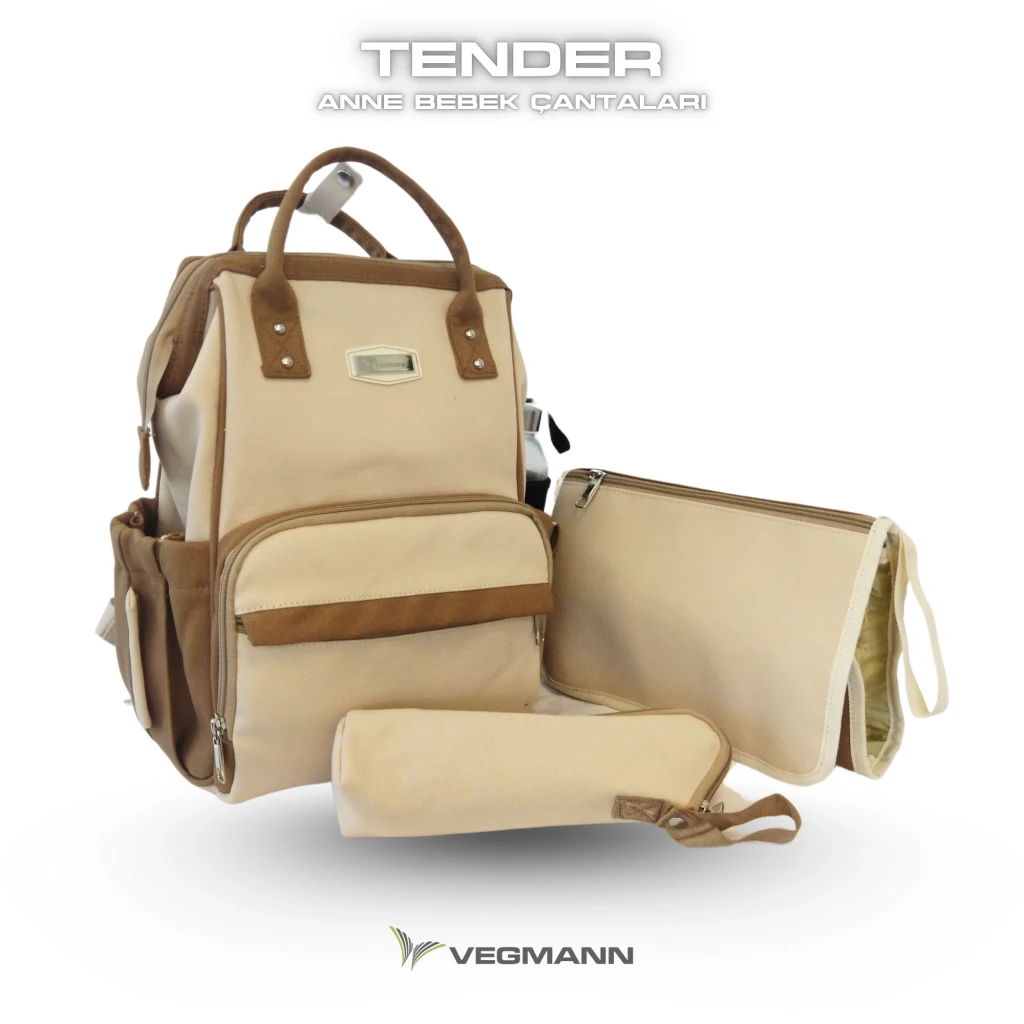 Vegmann Tender Kanvas Kumaş Anne Bebek Bakım Sırt Çantası Biberon Termos Gözlü Kahverengi-Bej