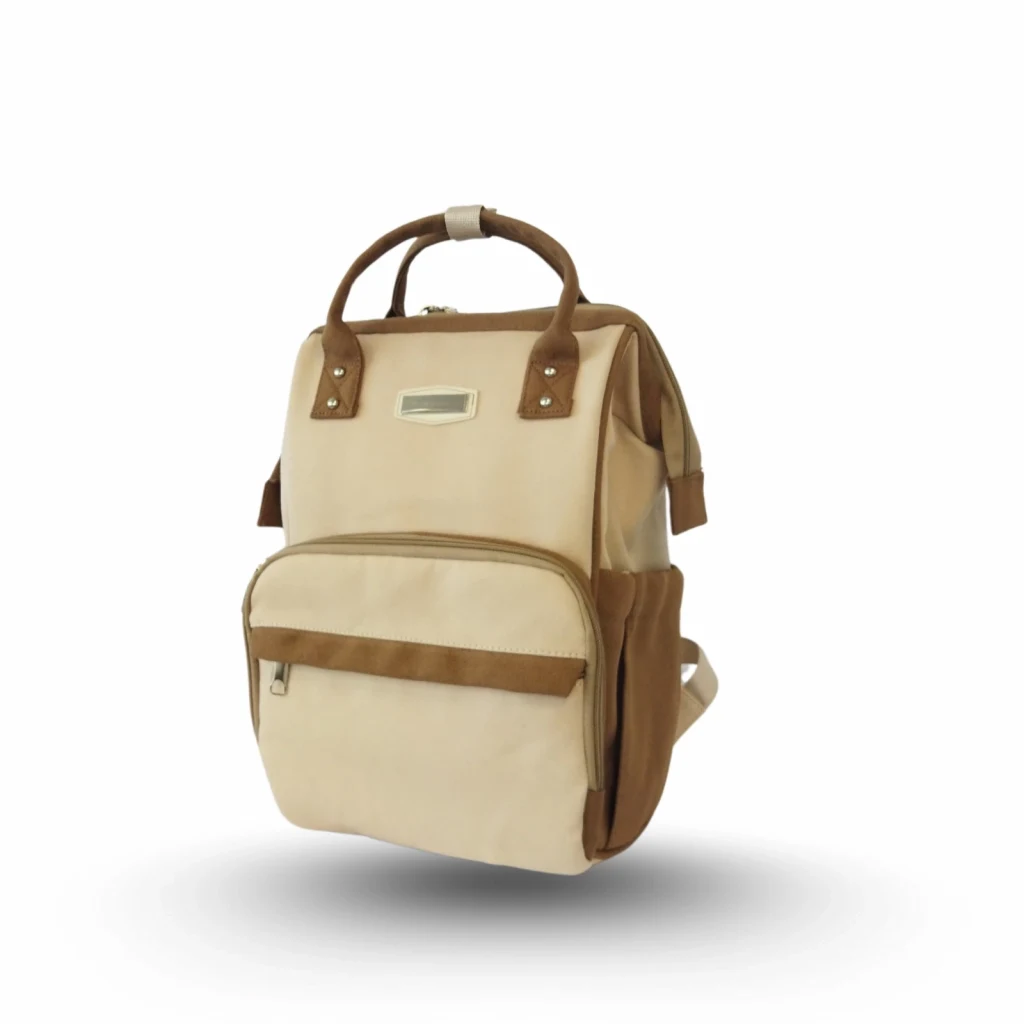 Vegmann Tender Kanvas Kumaş Anne Bebek Bakım Sırt Çantası Biberon Termos Gözlü Kahverengi-Bej