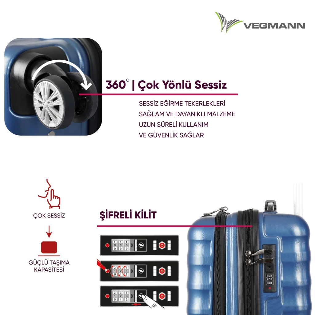 Vegmann Wave Laptop Bölmeli Mavi Kabin Boy Valiz