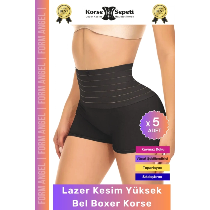 #Korse Vücut Toparlayıcı Şekillendirici Kaymaz Doku Lazer Kesim Yüksek Bel Boxer Korse - 5 Adet