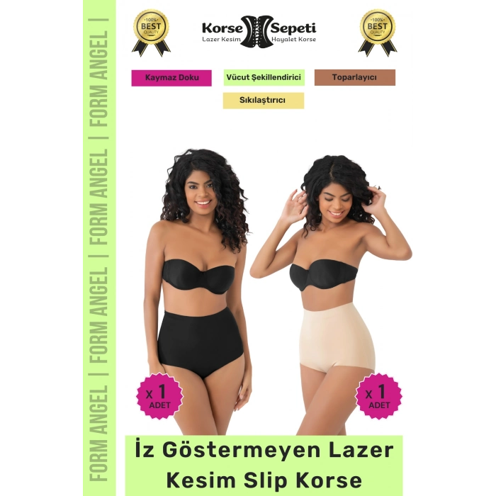 #Korse İz Yapmayan 2 Beden Küçülten Kaymaz Toparlayıcı Lazer Kesim Slip Korse 2li Set
