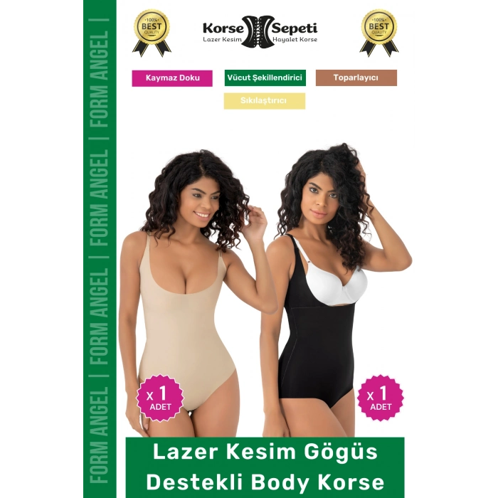 #Korse Kayma Önleyen 2 Beden Küçülten İz Yapmayan Lazer Kesim Göğüs Destekli Body Korse 2li Set