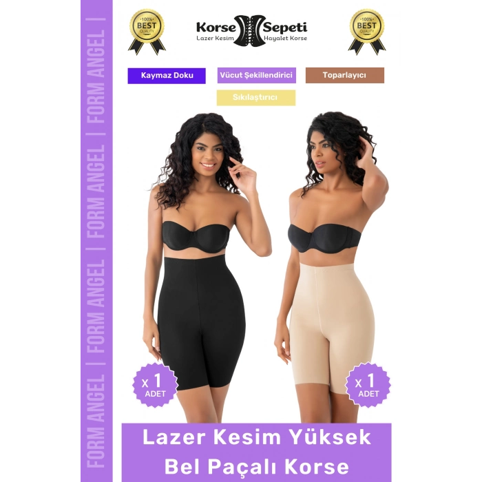 #Korse Kaymayı Önleyen 2 Beden Küçülten Toparlayıcı Lazer Kesim Yüksek Bel Paçalı Korse 2li Set