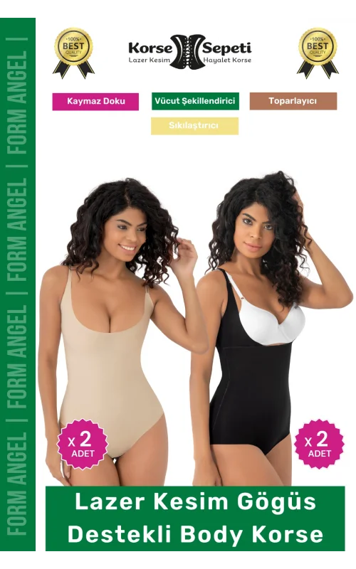 #Korse Kayma Önleyen 2 Beden Küçülten İz Yapmayan Lazer Kesim Göğüs Destekli Body Korse 4lü Set