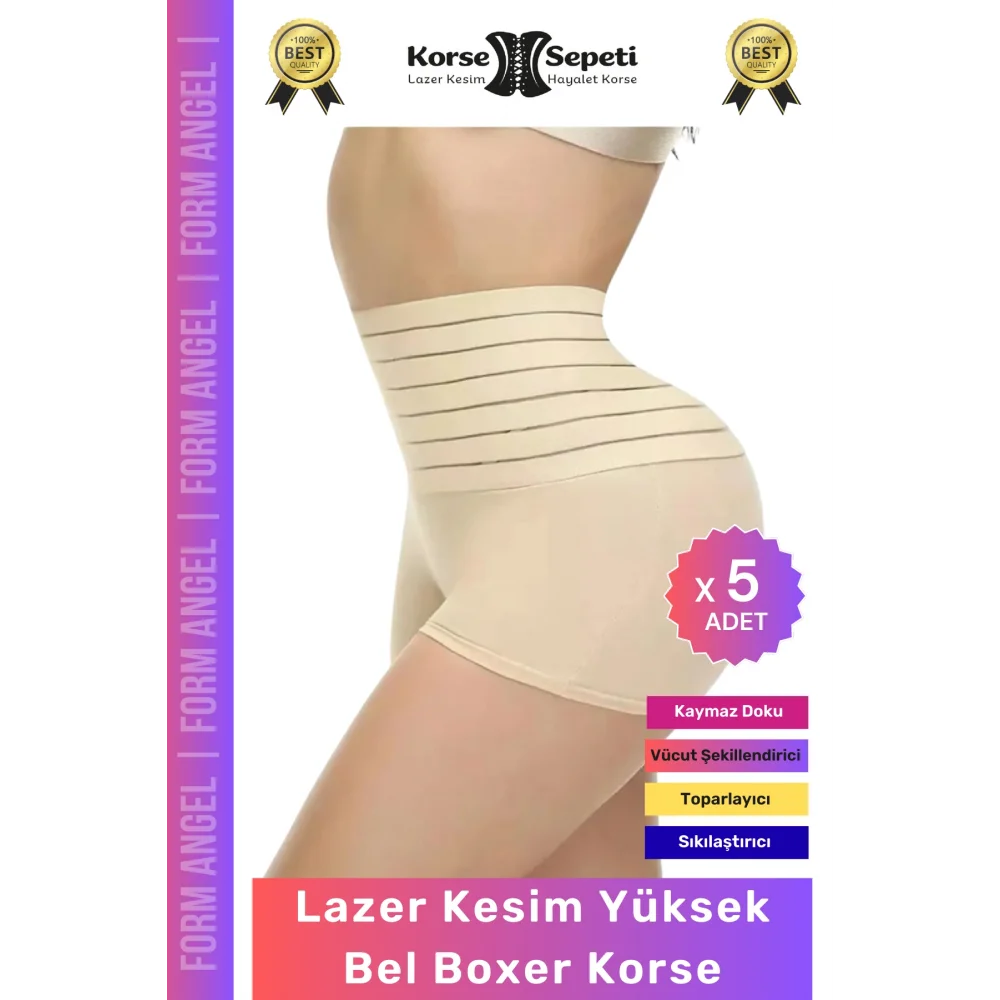 #Korse Vücut Toparlayıcı Şekillendirici Kaymaz Doku Lazer Kesim Yüksek Bel Boxer Korse - 5 Adet