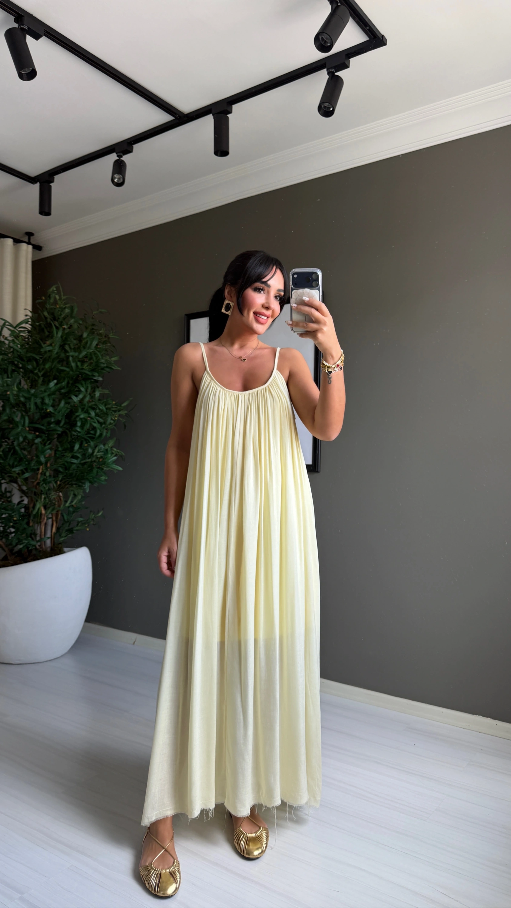 Pery Askılı Sırtı Açık Maxi Sarı elbise