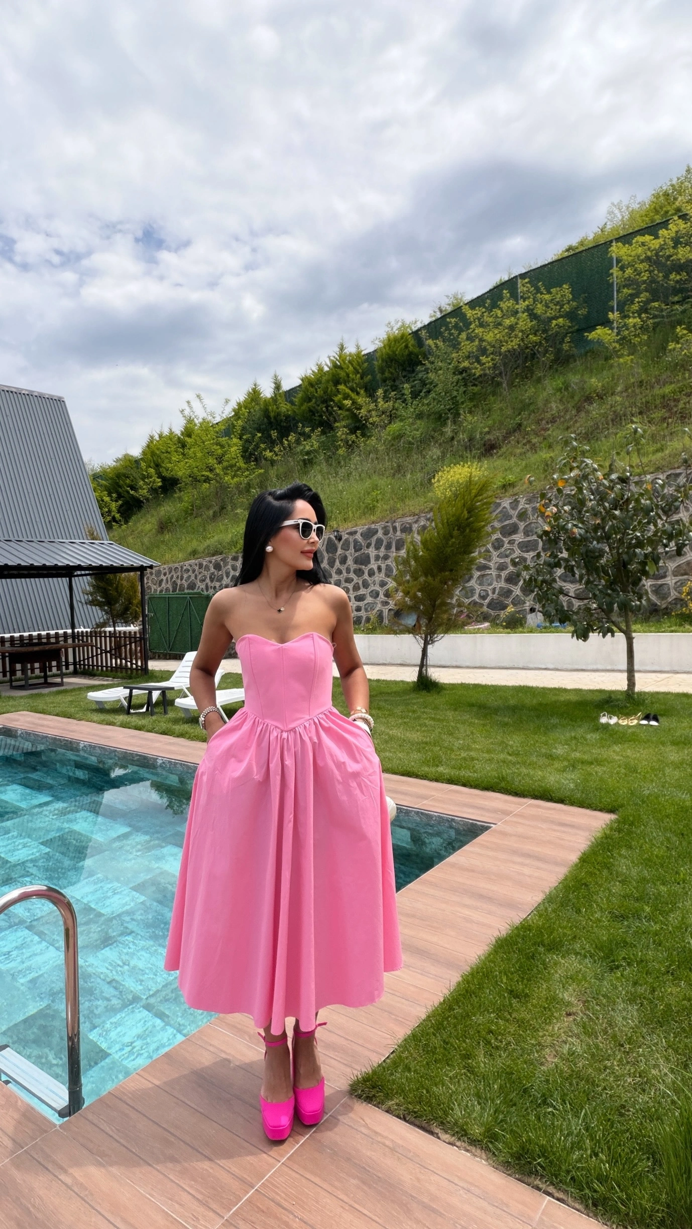 Kalp yaka Midi Boy Pembe Elbise