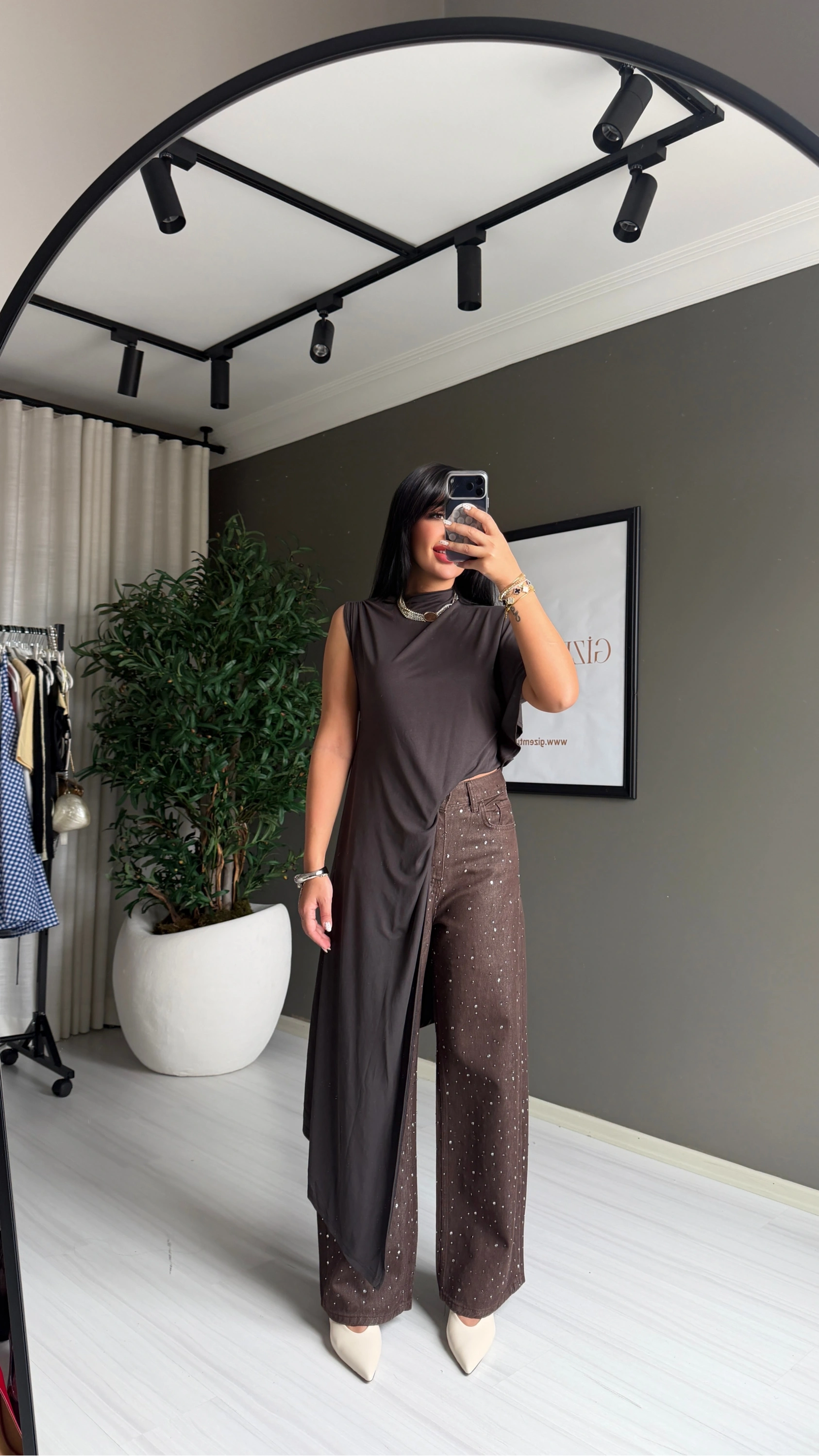 Tek Omuz Uzun Kahverengi Bluz