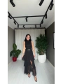 Şifon Kat Kat Yırtmaçlı Kemerli Uzun Siyah Etek