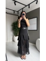 Şifon Kat Kat Yırtmaçlı Kemerli Uzun Siyah Etek