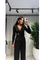 Qu Siyah Kruvaze Yaka Toka Detaylı Uzun Kollu Body