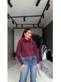 Yakası kürklü fermuarlı Bordo Hırka
