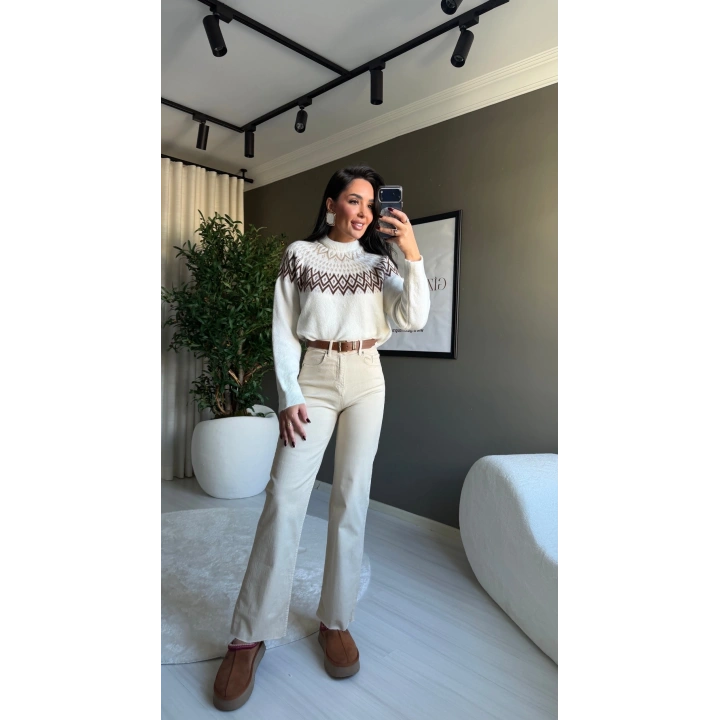 Kemerli Likralı Bej Jean