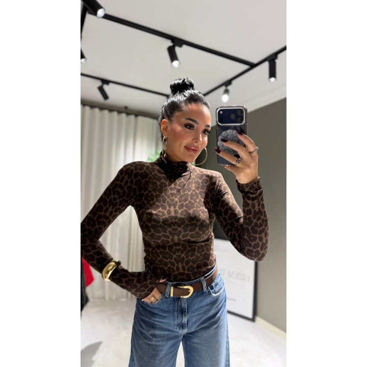 Tam Balıkçı Leopar Kahverengi Bluz
