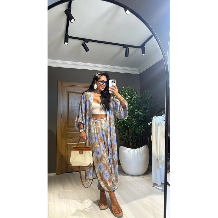 NM Karışık Desenli Kimono-Pantolon Takım Yeşil