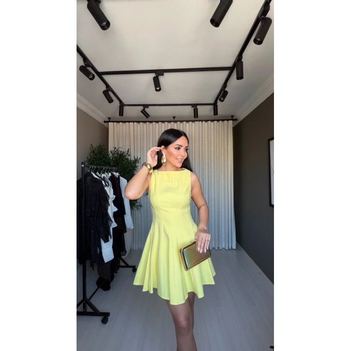 Volanlı Kloş Mini Sarı Elbise