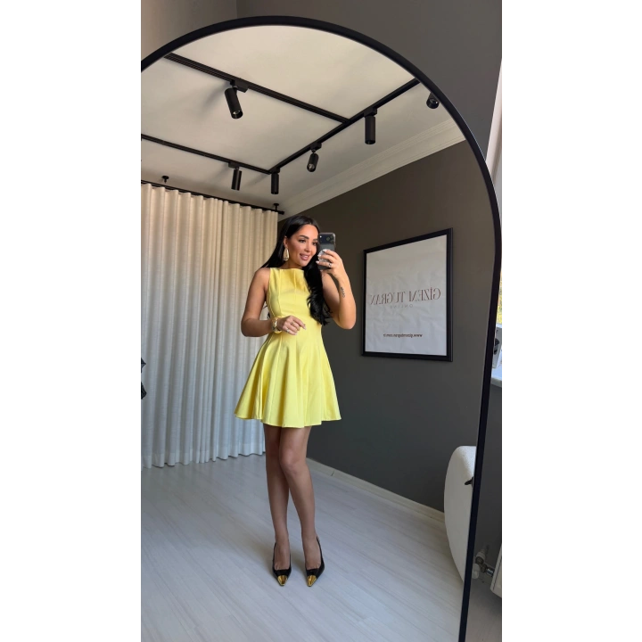 Volanlı Kloş Mini Sarı Elbise