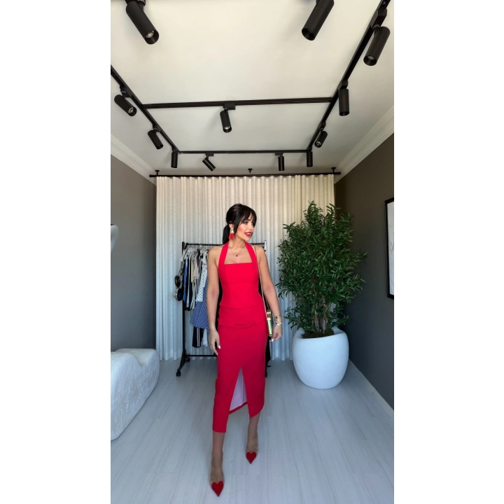 Boyundan Bağlamalı Crop Kırmızı Bluz