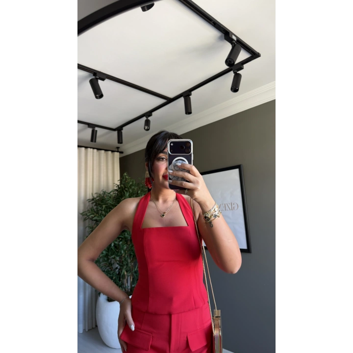Boyundan Bağlamalı Crop Kırmızı Bluz
