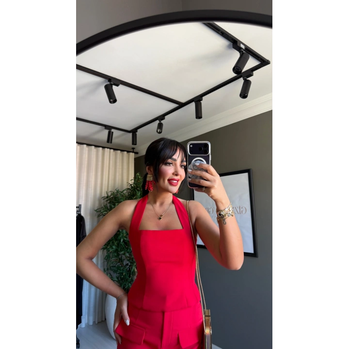 Boyundan Bağlamalı Crop Kırmızı Bluz