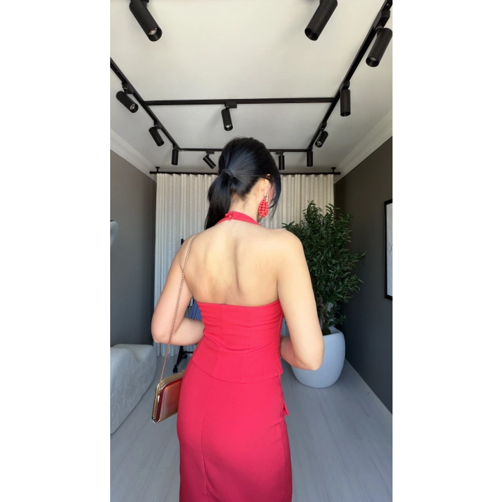 Boyundan Bağlamalı Crop Kırmızı Bluz
