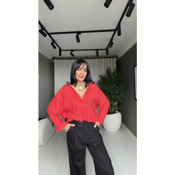 Perry Oversize Düşük Omuzlu Gömlek Kırmızı