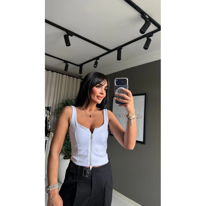 Fermuarlı Beyaz Crop