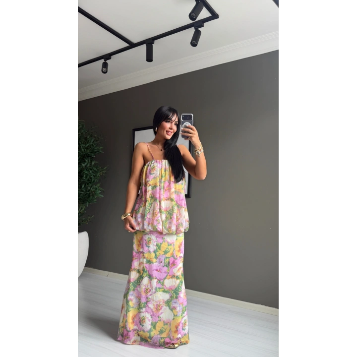 Zr Model Çiçek Desenli Maxi Elbise