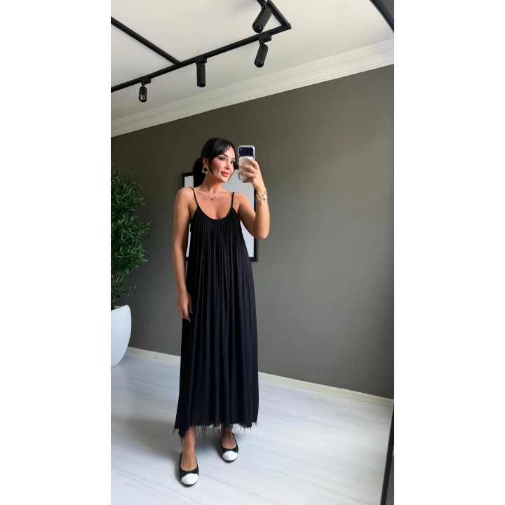 Pery Askılı Sırtı Açık Maxi Siyah Elbise