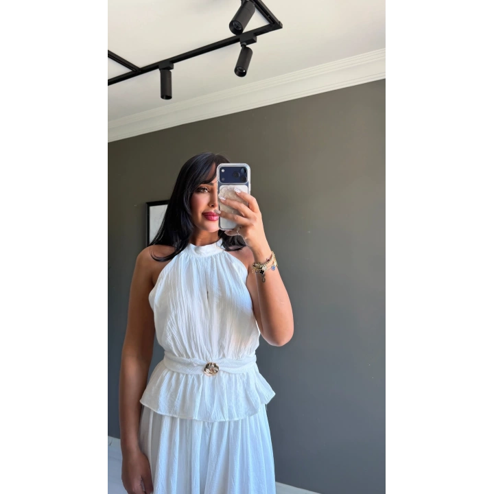 Halter Yaka Tokalı Bluz Beyaz
