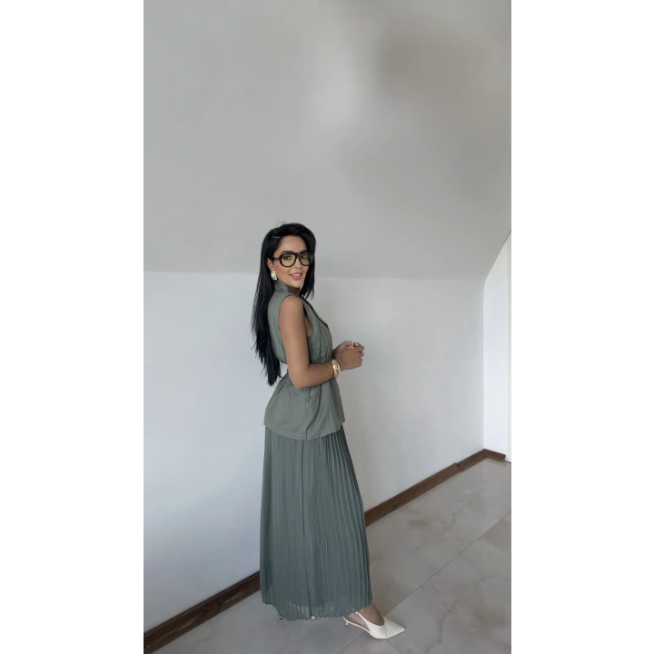 Massimo Keten Yelekli Elbise Yeşil