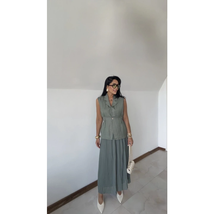 Massimo Keten Yelekli Elbise Yeşil