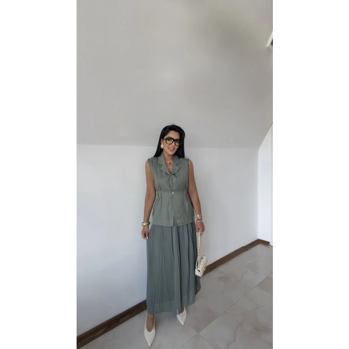 Massimo Keten Yelekli Elbise Yeşil