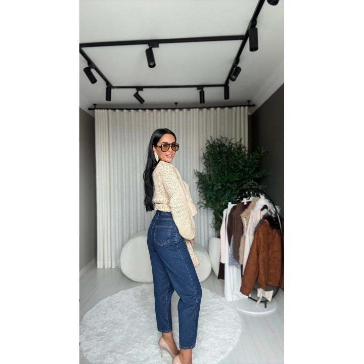 Dört Düğmeli Yüksek Bel Lacivert Mom Jean